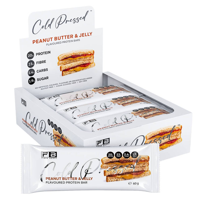 Box of Cold Pressed peanut butter and jelly protein bars on a white background