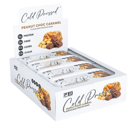 Box of Cold Pressed Peanut Choc Caramel protein bars with nutritional information on a white background