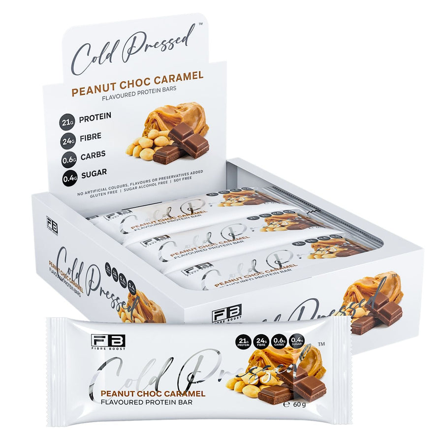 Box of Cold Pressed Peanut Choc Caramel protein bars with packaging details.