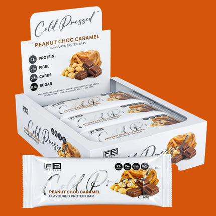 Box of Cold Pressed Peanut Choc Caramel protein bars with packaging details.