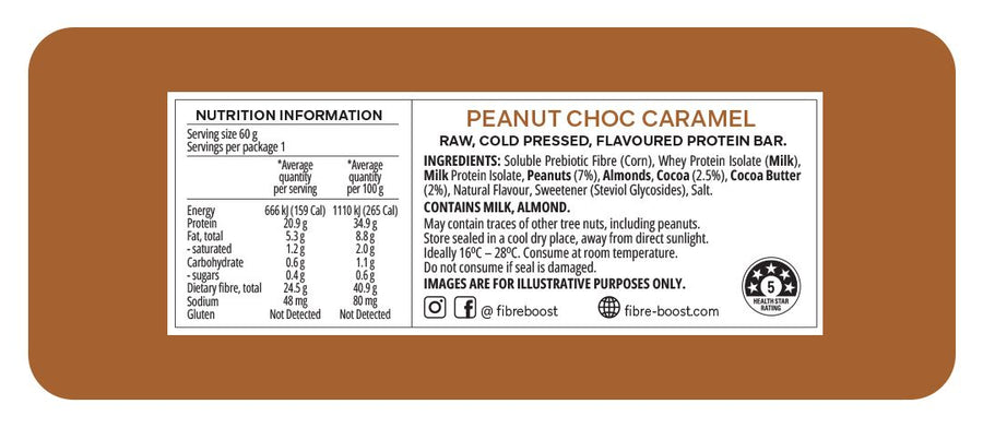 Nutrition label and ingredients list for a peanut choc caramel product on a brown background