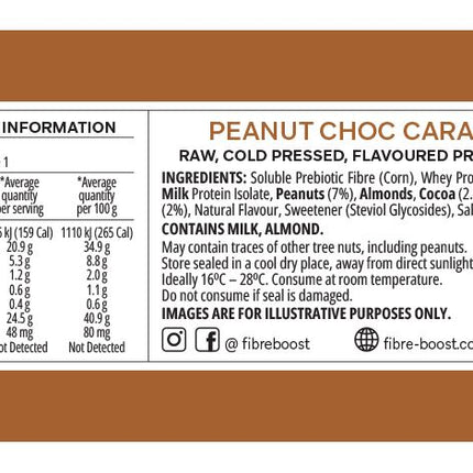 Nutrition label and ingredients list for a peanut choc caramel product on a brown background