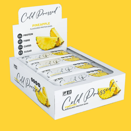 Fibre Boost Cold Pressed Pineapple Protein Bar box with individually wrapped bars on a yellow background