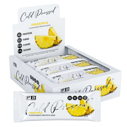 Box of Fibre Boost Pineapple flavoured cold pressed protein bar, high fibre and 20g+ protein