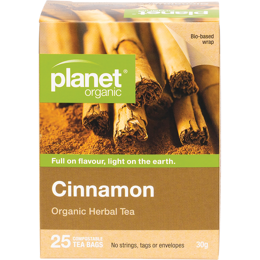 Planet Organic cinnamon herbal tea bags in eco-friendly packaging