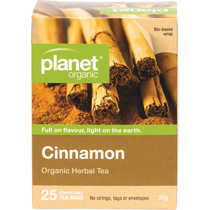 Planet Organic cinnamon herbal tea bags in eco-friendly packaging