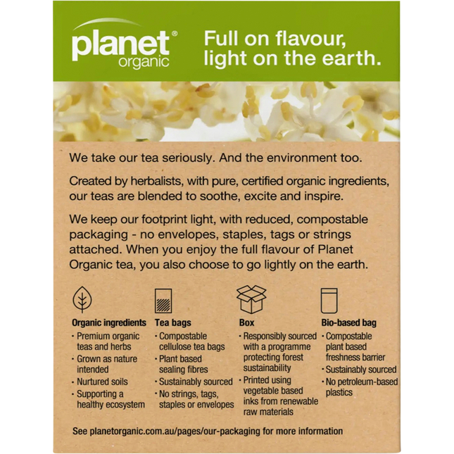 Planet Organic herbal tea bags with elderflower flavor