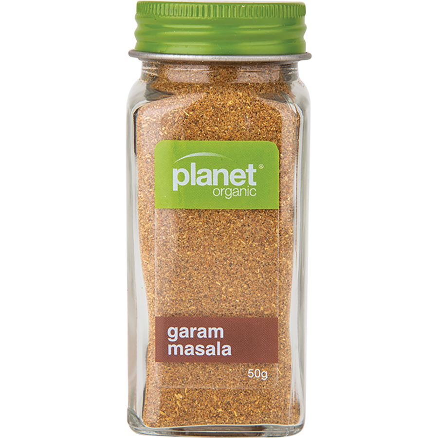 Planet Organic Garam Masala spice blend in a vibrant package