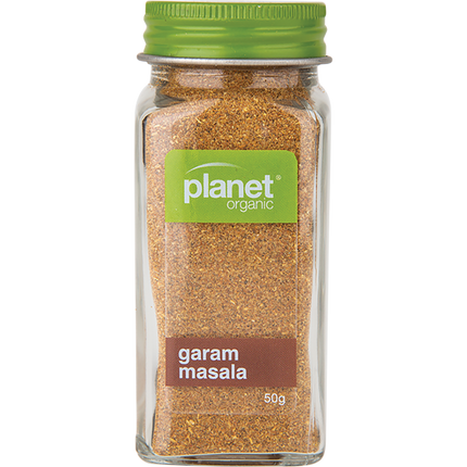 Planet Organic Garam Masala spice blend in a vibrant package