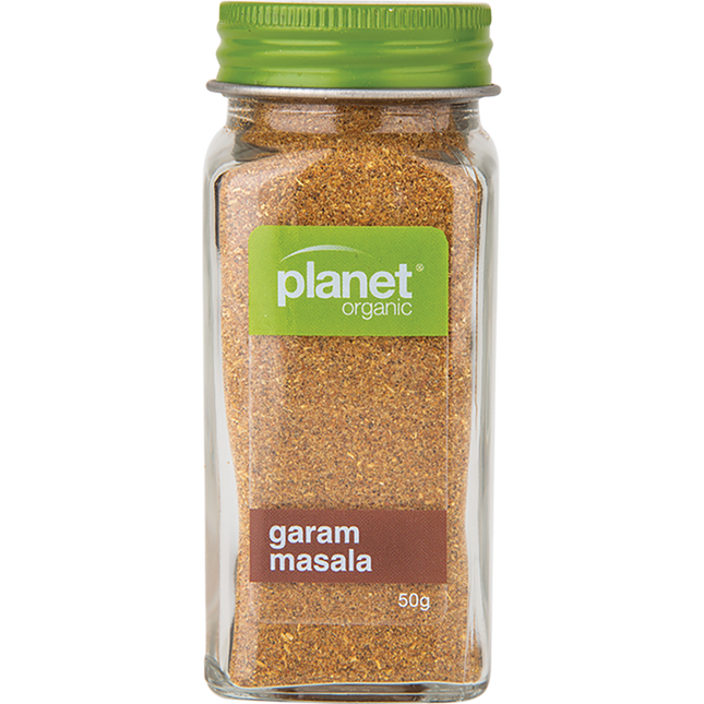 Planet Organic Garam Masala spice blend in a vibrant package