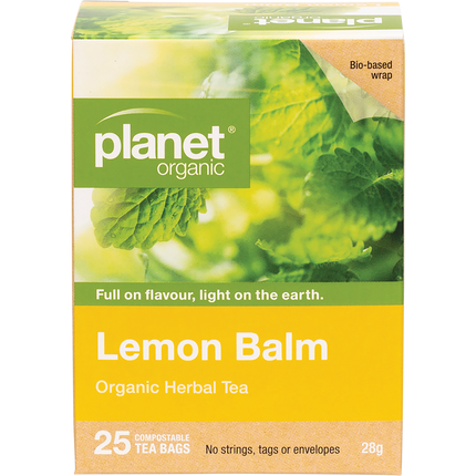 Planet Organic herbal tea bags with lemon balm flavor