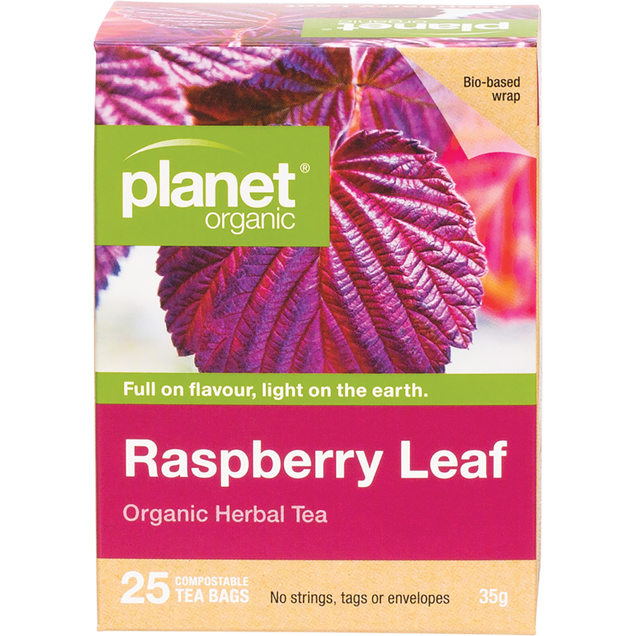 Organic tea bags featuring Planet Organic raspberry leaf blend