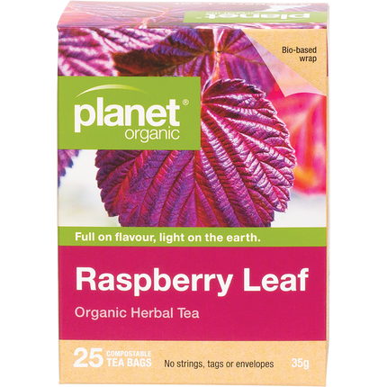 Organic tea bags featuring Planet Organic raspberry leaf blend