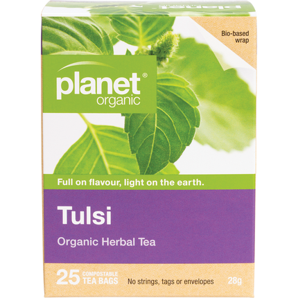 Planet Organic herbal tea bags featuring tulsi blend