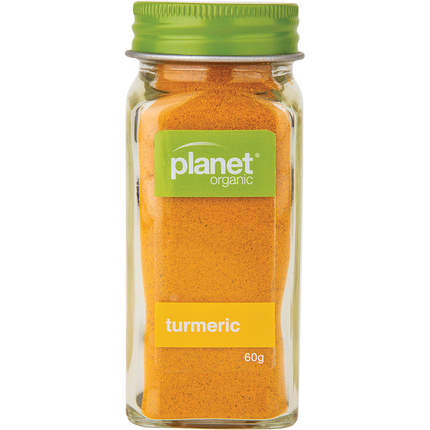 Planet Organic turmeric powder in a vibrant yellow hue