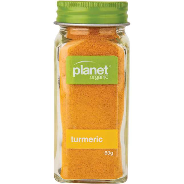Planet Organic turmeric powder in a vibrant yellow hue