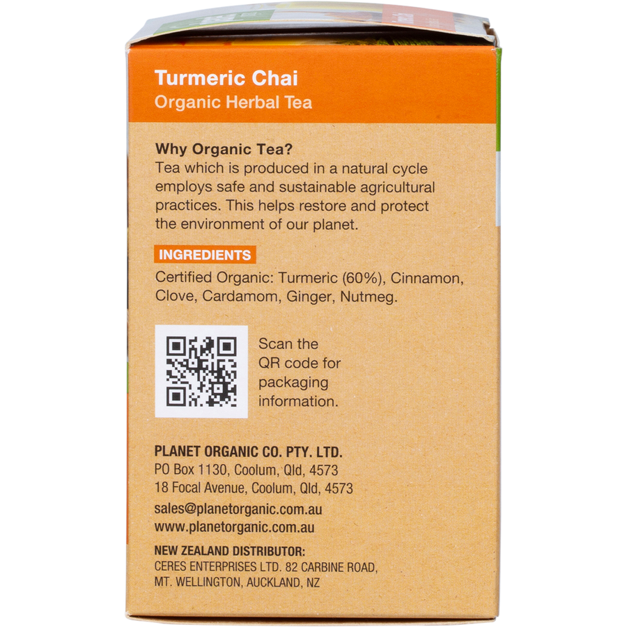 Turmeric chai herbal tea bags, organic and soothing