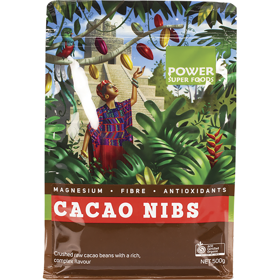 Package of Power Super Foods Cacao Nibs with a tropical design on the label.