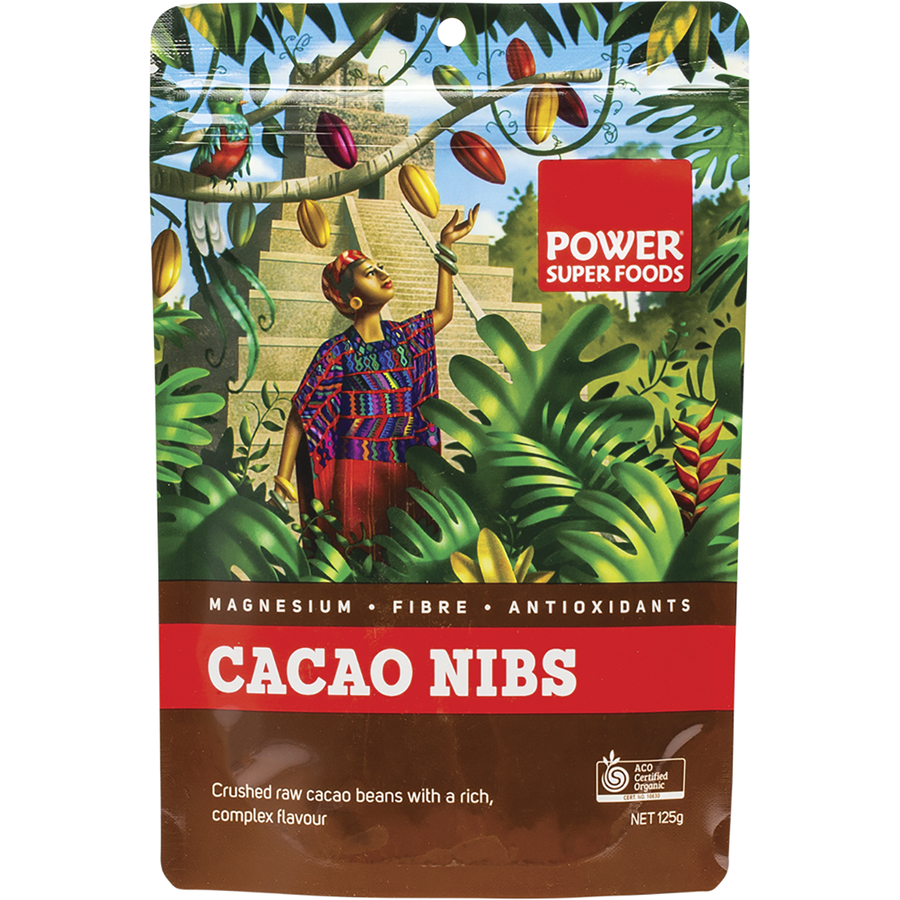 Package of Power Super Foods Cacao Nibs with a tropical design on the label.