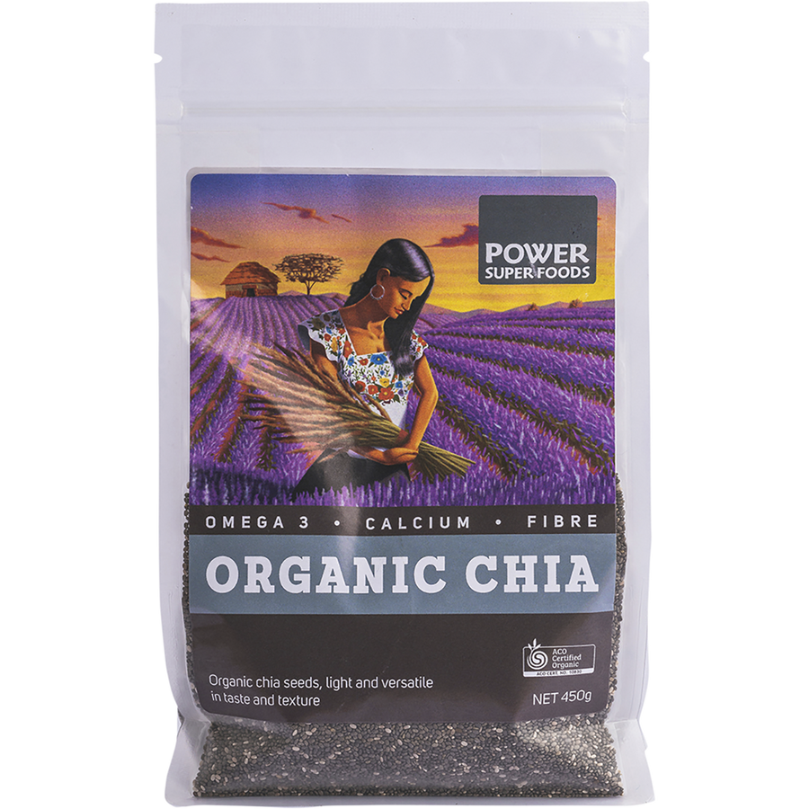 Package of Power Super Foods Organic Chia seeds with a scenic lavender field background