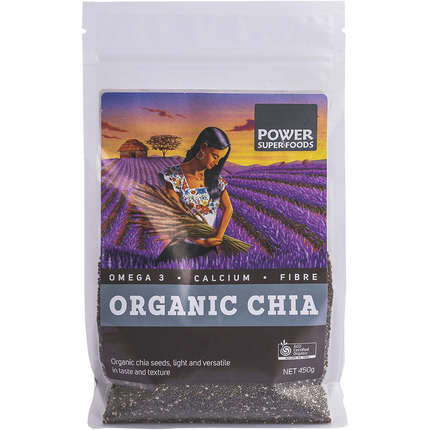 Package of Power Super Foods Organic Chia seeds with a scenic lavender field background