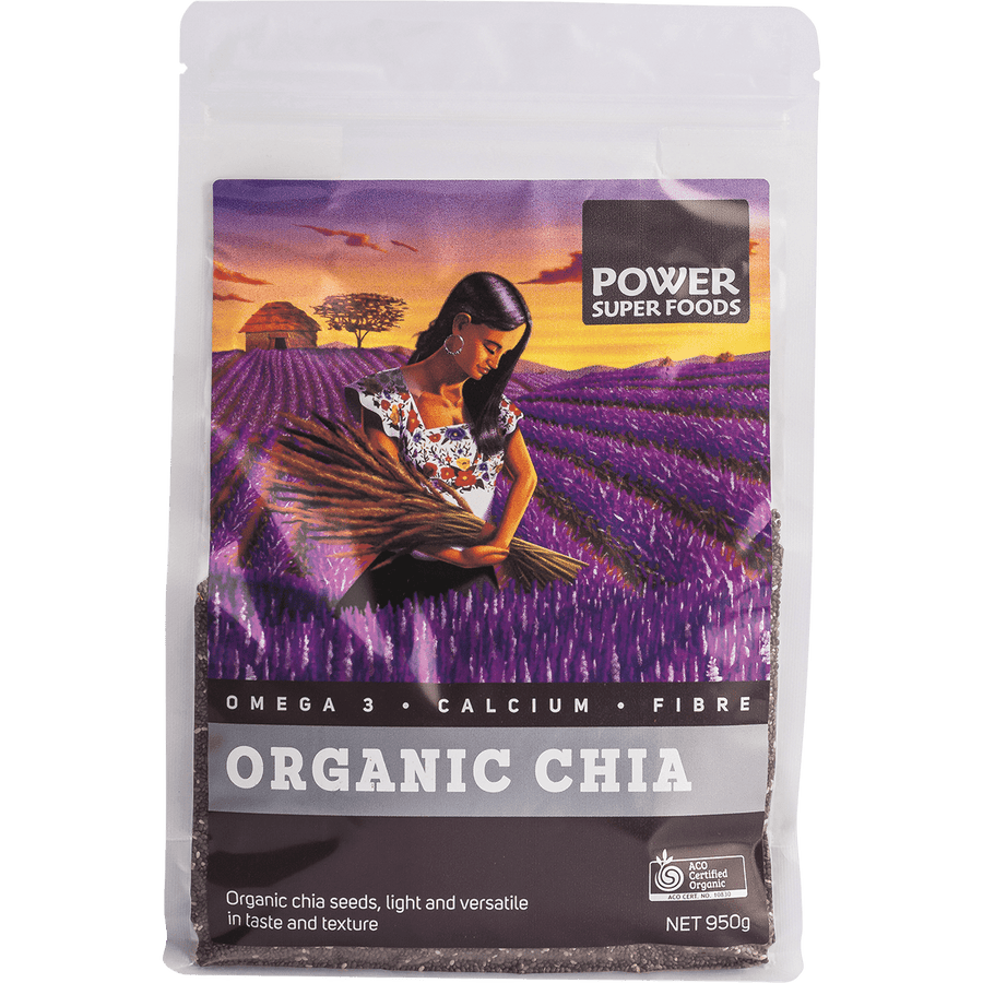 Package of Power Super Foods Organic Chia seeds with a woman in a field on the label.