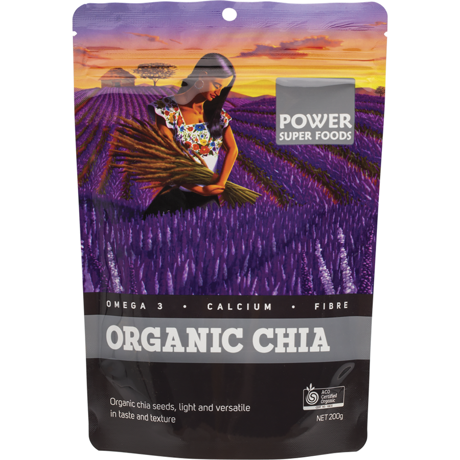 Package of Power Super Foods Organic Chia with a person in a lavender field on the label.
