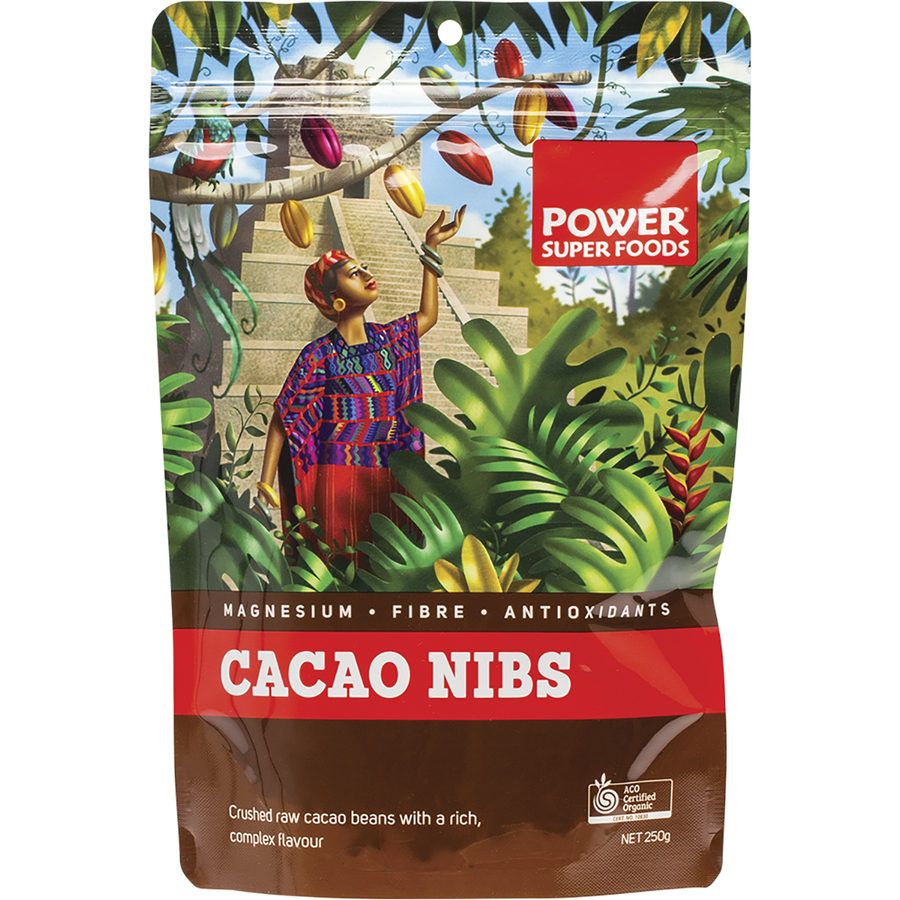 Package of Power Super Foods Cacao Nibs with a tropical design on the packaging.