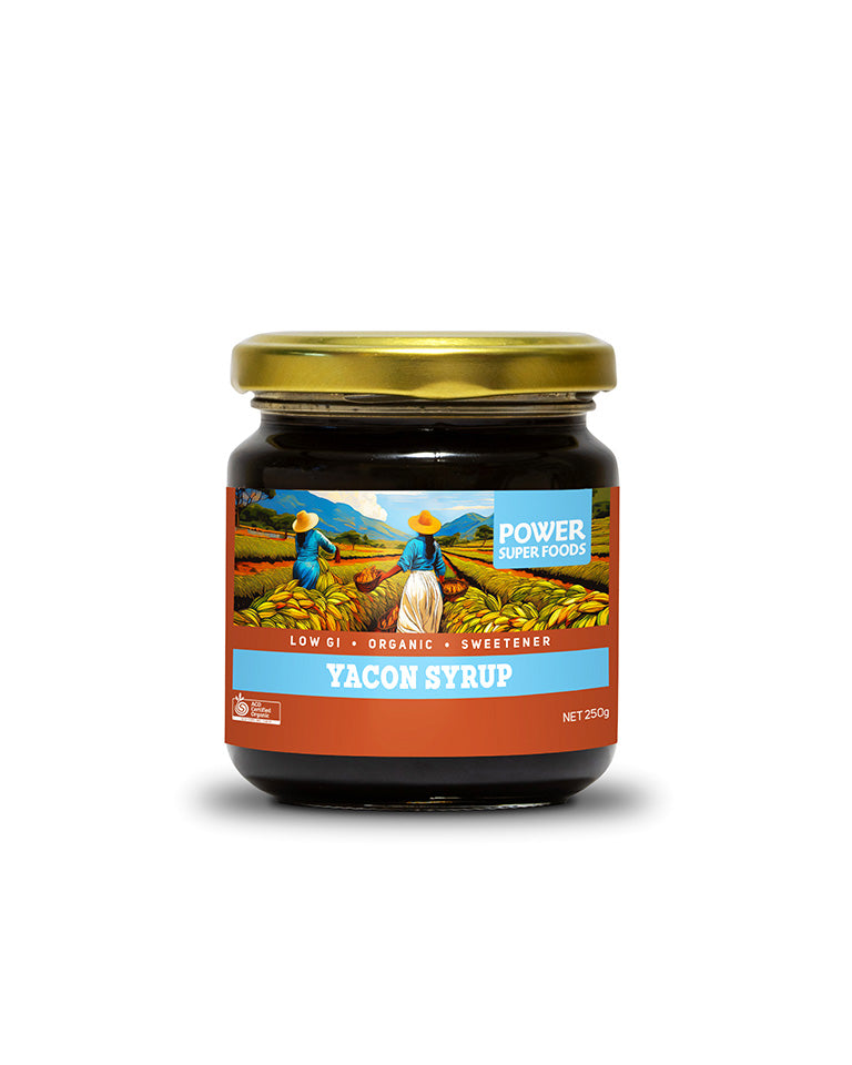 Jar of Yacon Syrup with colorful label on a white background