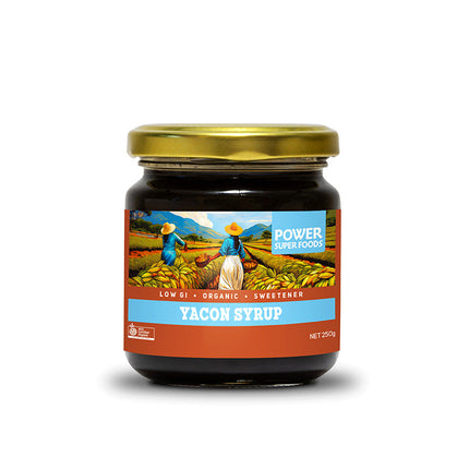 Jar of Yacon Syrup with colorful label on a white background