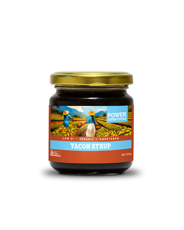 Jar of Yacon Syrup with colorful label on a white background