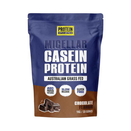 Package of Micellar Casein Protein with chocolate flavor on a green background