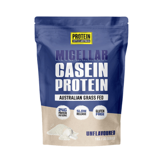 Package of Micellar Casein Protein with blue and beige design on a transparent background