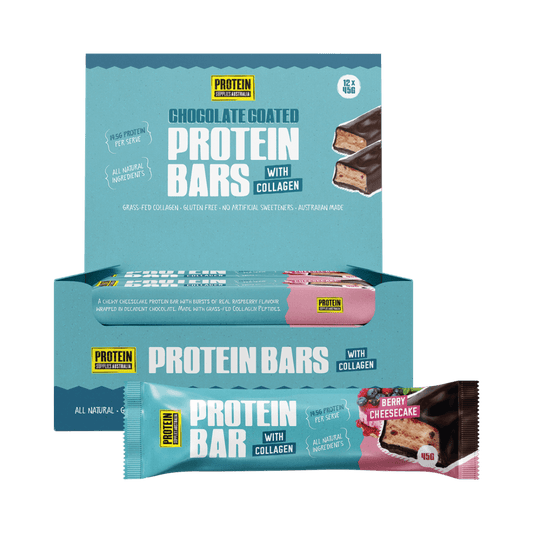 Box of Protein Bars with Collagen on a green background