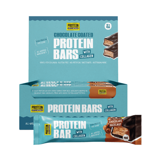 Protein bar packaging with a blue box and single bar on a green background