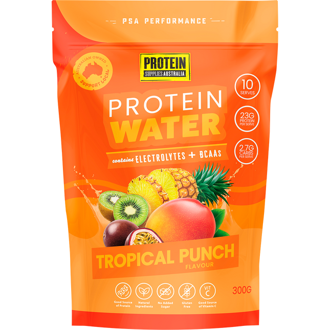 Protein Supplies Australia Protein Water in Tropical Punch flavor, a refreshing low-calorie drink that supports hydration and daily protein intake.