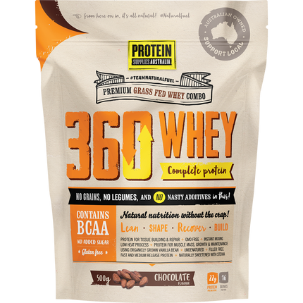 Protein Supplies Australia 360Whey Chocolate WPI+WPC Combo, a premium protein blend supporting muscle growth, recovery, and fitness nutrition.