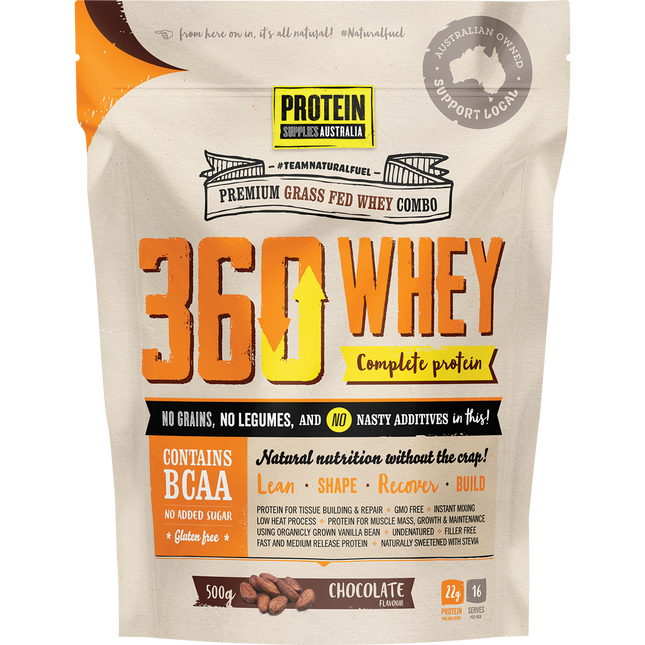 Protein Supplies Australia 360Whey Chocolate WPI+WPC Combo, a premium protein blend supporting muscle growth, recovery, and fitness nutrition.