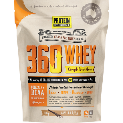 Protein Supplies Australia 360Whey Vanilla Bean WPI+WPC Combo, a premium protein blend supporting muscle growth, recovery, and fitness nutrition.