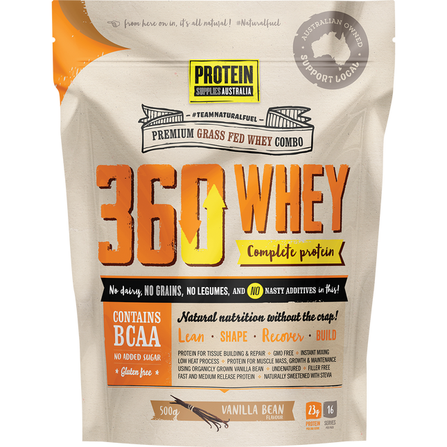 Protein Supplies Australia 360Whey Vanilla Bean WPI+WPC Combo, a premium protein blend supporting muscle growth, recovery, and fitness nutrition.