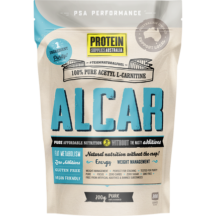 Protein Supplies Australia Alcar Acetyl L-Carnitine Pure, supporting energy production, mental focus, and active lifestyles.