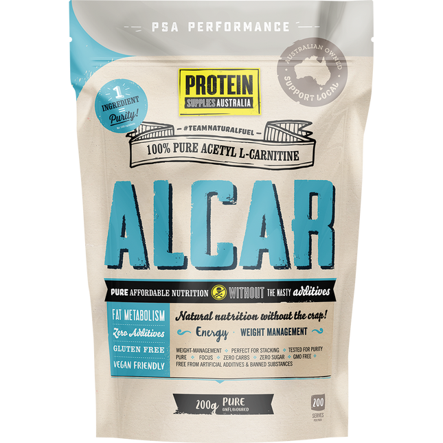 Protein Supplies Australia Alcar Acetyl L-Carnitine Pure, supporting energy production, mental focus, and active lifestyles.
