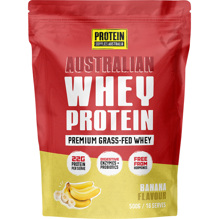 Protein Supplies Australia Australian Whey Protein in Banana flavor, ideal for muscle growth, recovery, and fitness nutrition.