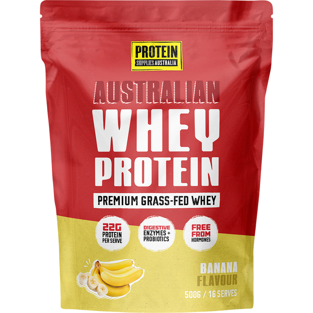 Protein Supplies Australia Australian Whey Protein in Banana flavor, ideal for muscle growth, recovery, and fitness nutrition.