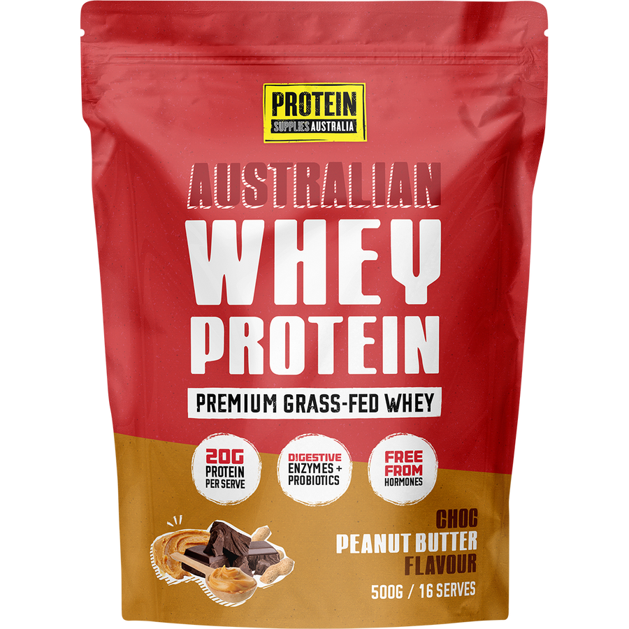 Protein Supplies Australia Australian Whey Protein in Choc Peanut Butter flavor, perfect for muscle growth, recovery, and fitness nutrition.
