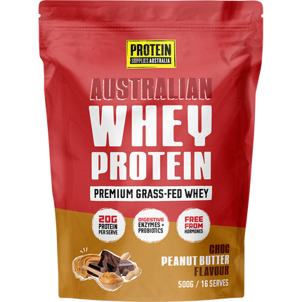 Protein Supplies Australia Australian Whey Protein in Choc Peanut Butter flavor, perfect for muscle growth, recovery, and fitness nutrition.