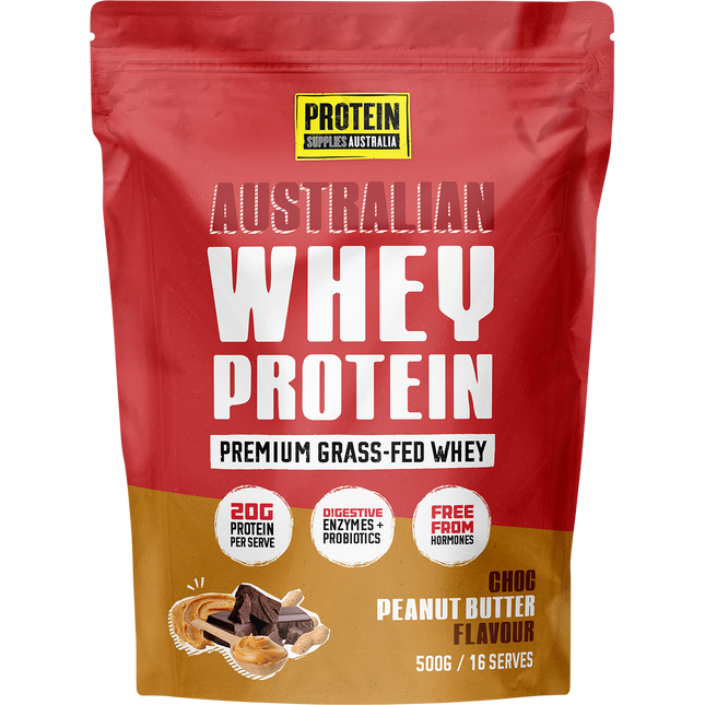 Protein Supplies Australia Australian Whey Protein in Choc Peanut Butter flavor, perfect for muscle growth, recovery, and fitness nutrition.