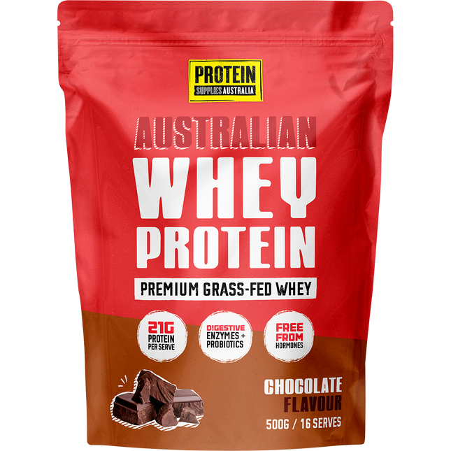 Protein Supplies Australia Australian Whey Protein in Chocolate flavor, supporting muscle growth, recovery, and fitness nutrition.