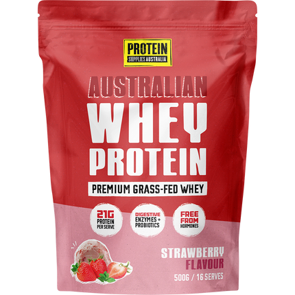 Protein Supplies Australia Australian Whey Protein in Strawberry flavor, supporting muscle growth, recovery, and fitness nutrition.