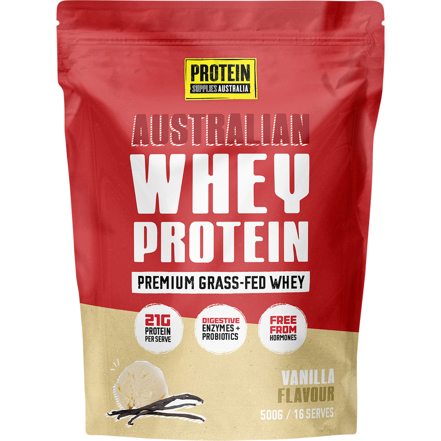 Protein Supplies Australia Australian Whey Protein in Vanilla flavor, ideal for muscle growth, recovery, and fitness nutrition.